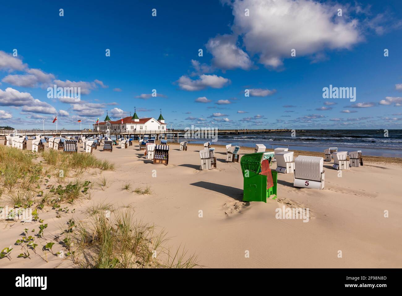 Germany, Mecklenburg-Western Pomerania, the Baltic Sea, Baltic Sea coast, Usedom island, Ahlbeck, seaside resort, pier, beach, beach chairs Stock Photo
