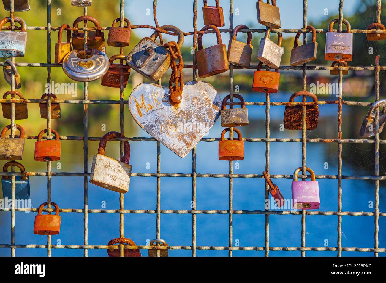 Love locks, symbolic picture, bridge in Lingen (Ems), Niedersachsen, Deutschland Stock Photo