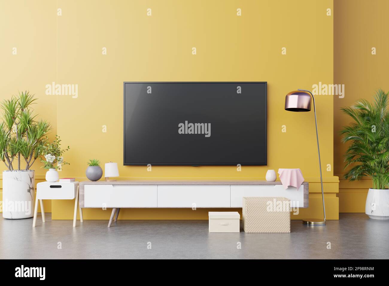 TV wall console in modern living room with lamp,table,flower and plant