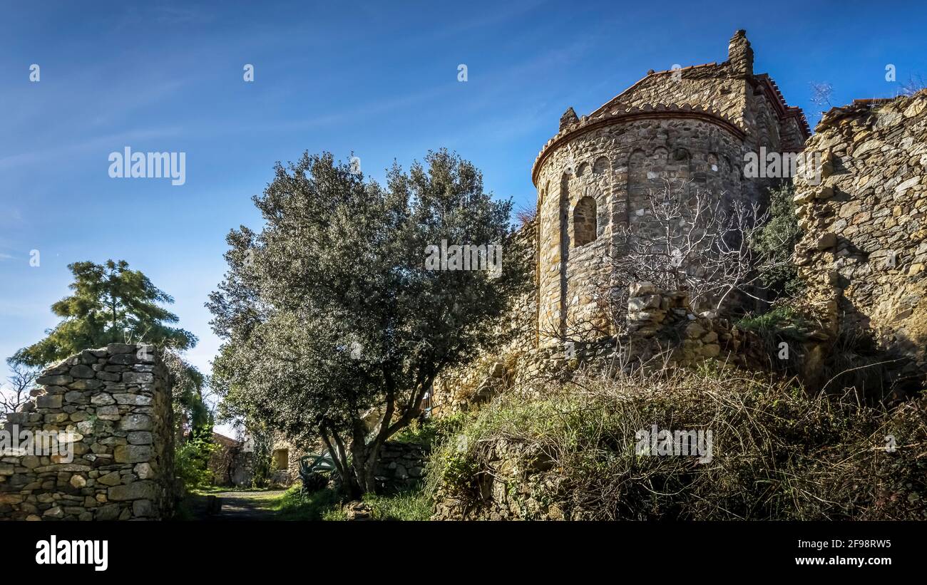 The Nostra Senyora de Las Grades church in Marcevol dates back to the XI century and is inscribed as a monument historique. It is built in the Romanesque style. Stock Photo