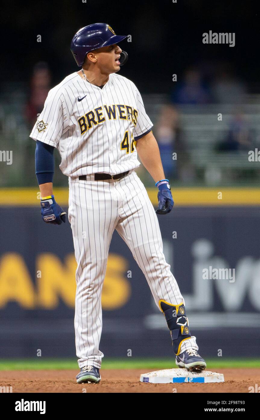 Milwaukee, WI, USA. 16th Apr, 2021. Milwaukee Brewers right fielder Tyrone  Taylor #42 looks toward the Brewers bench after hitting a run scoring  double in the 5th inning of the Major League