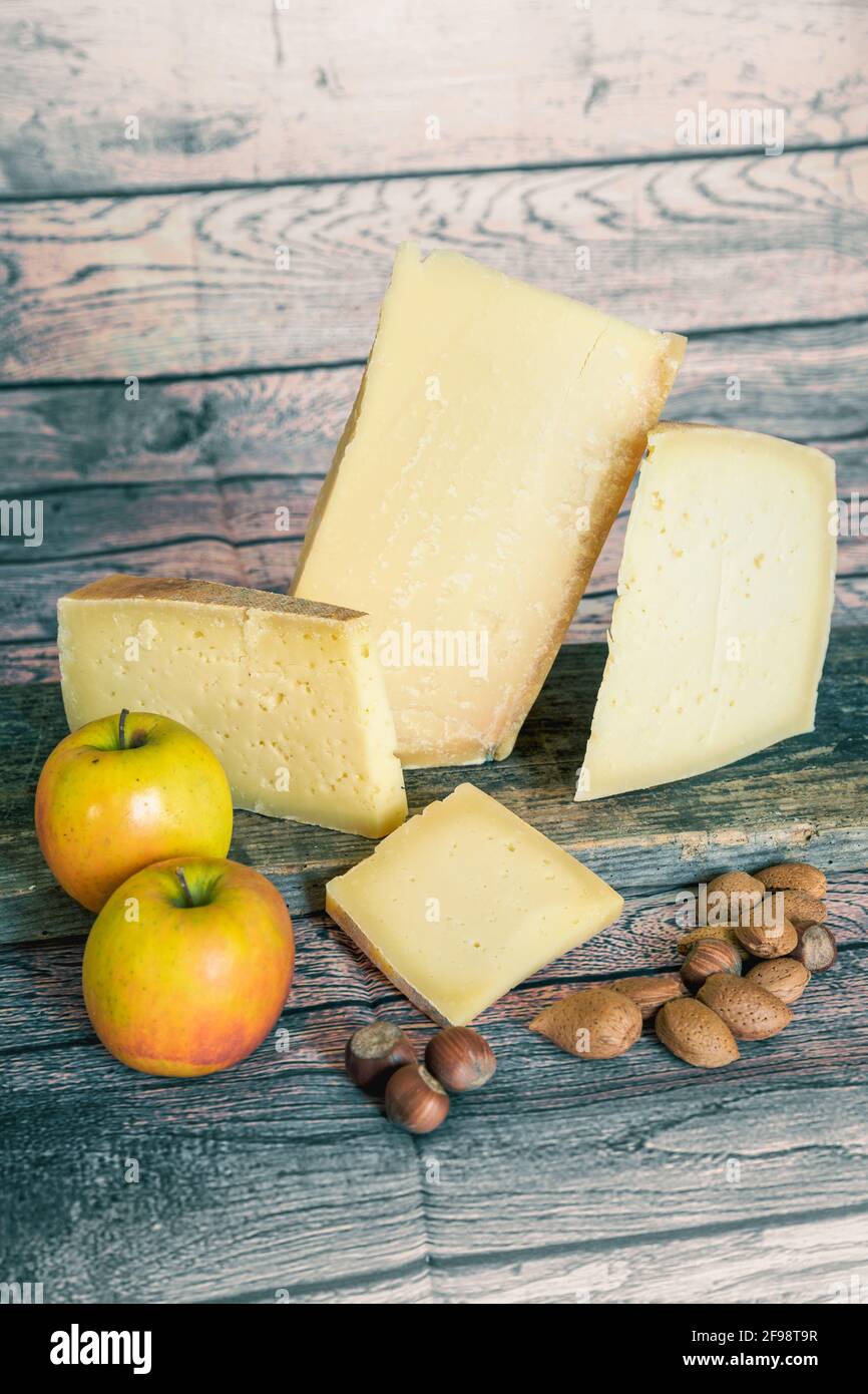 selection of aged cheeses, typical Italian products, dairy products, cheese Stock Photo