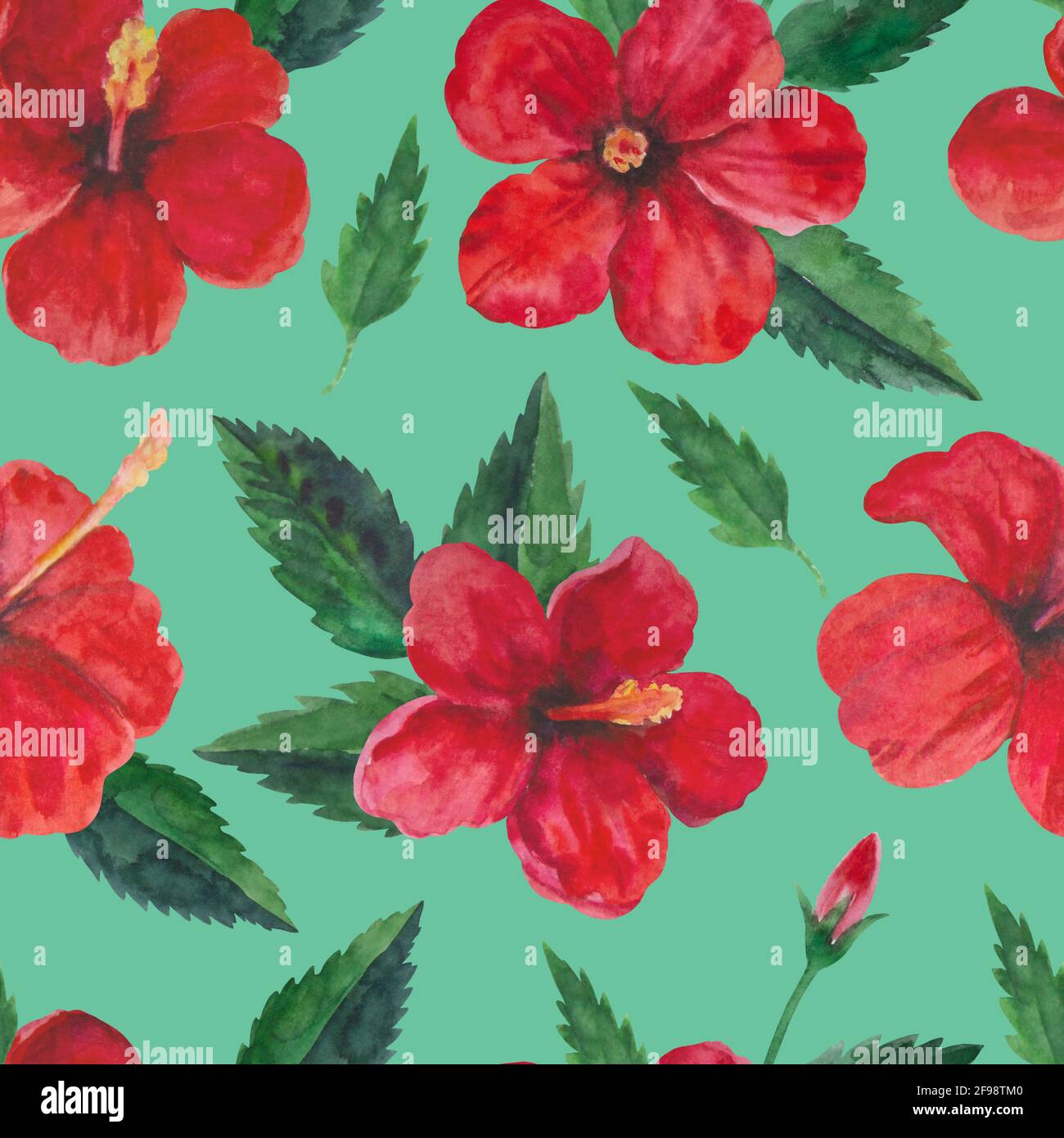 Tropical seamless pattern with red hibiscus flowers and leaves ...