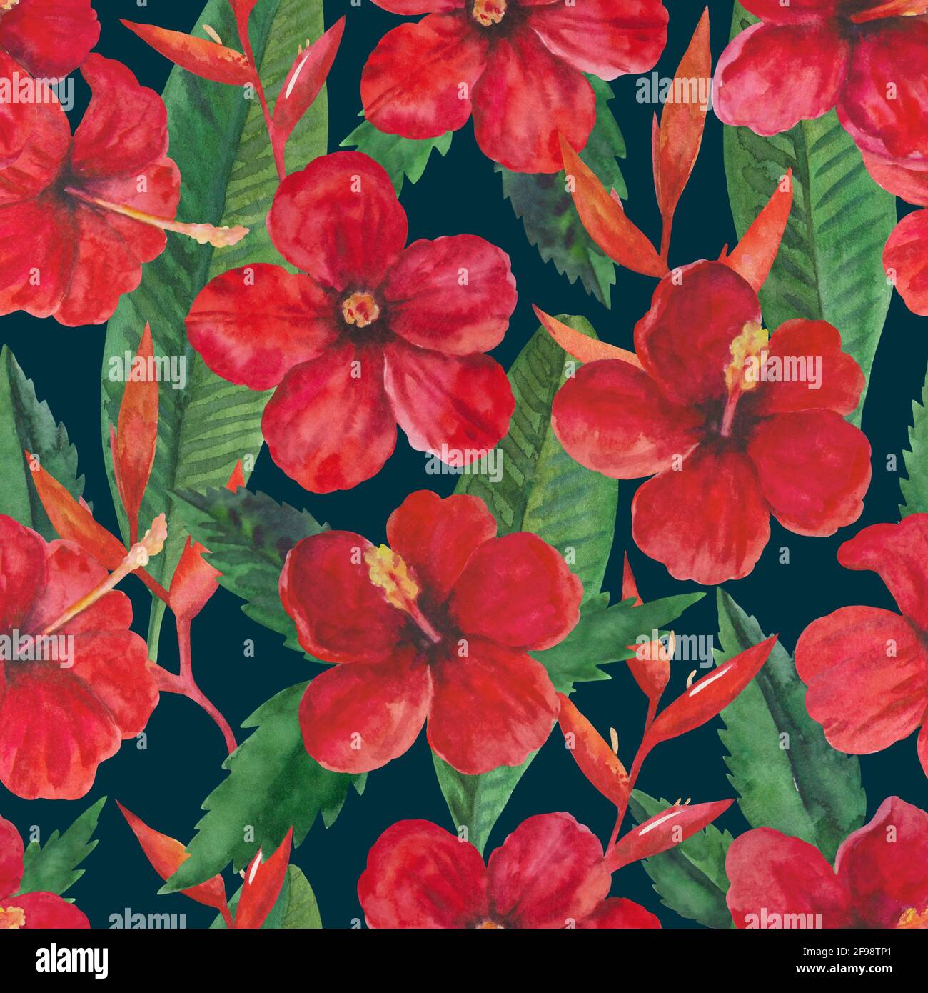 Tropical seamless pattern with red hibiscus flowers and leaves ...