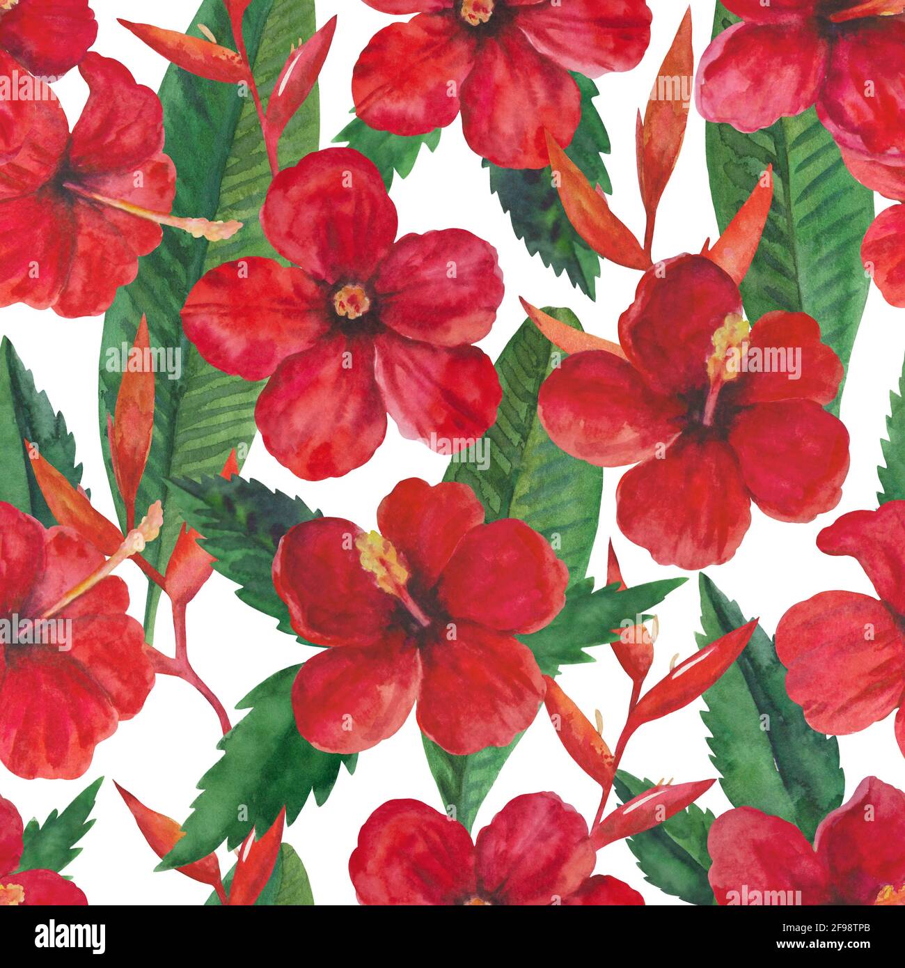 Tropical seamless pattern with red hibiscus flowers and leaves ...