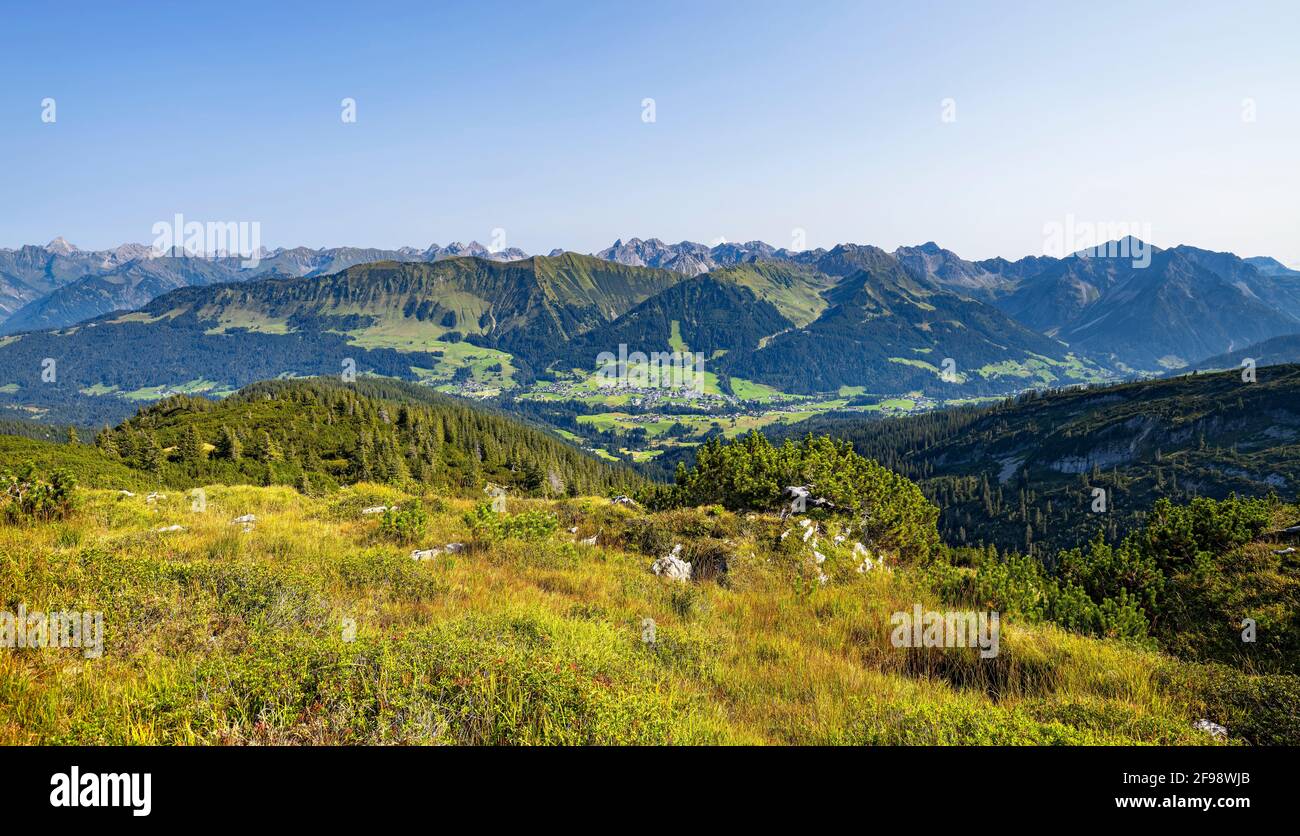Alpine mountain landscape in the Hoher Ifen nature reserve. View of the Kleinwalsertal with the Riezlern, Fellhorn and Kanzelwand. Allgäu Alps, Bavaria, Germany, Vorarlberg, Austria Stock Photo