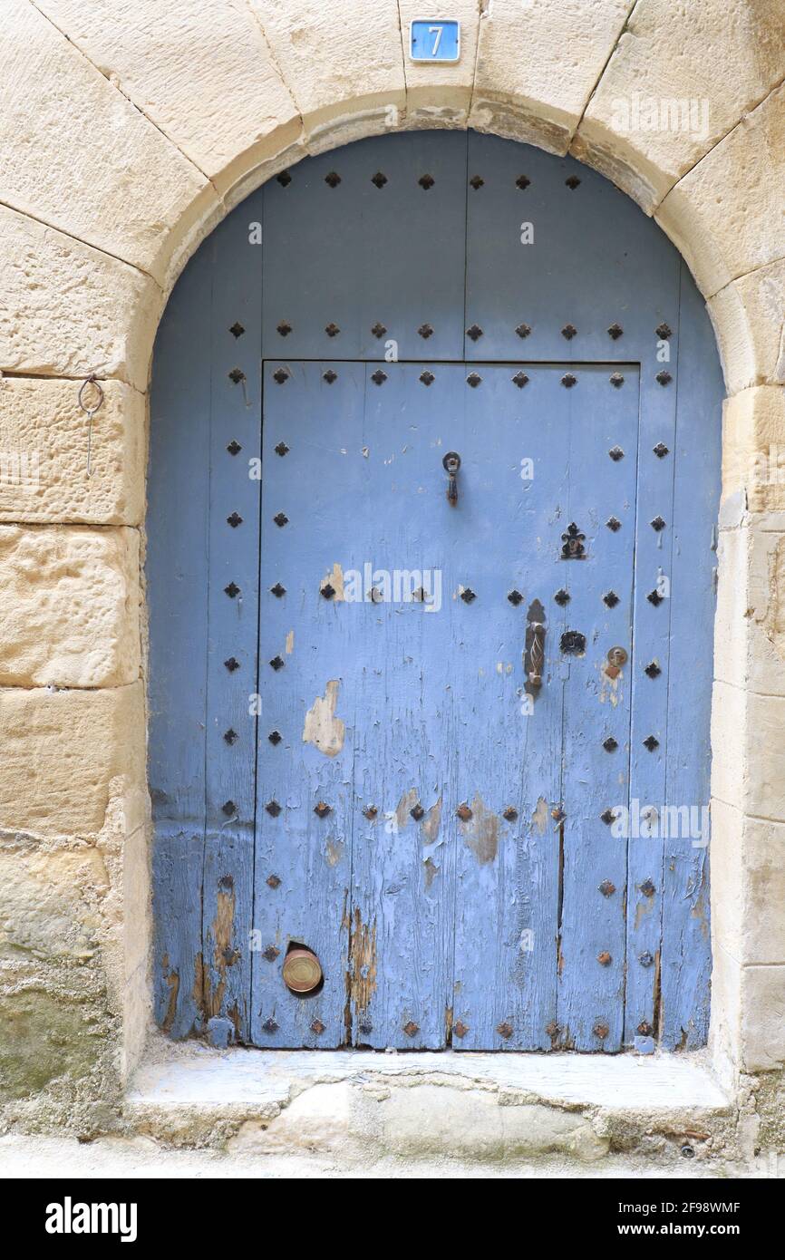 TERUEL, SPAIN - Sep 17, 2020: Blue wooden old door in La Matarrana, Teruel (Spain / Espana) Stock Photo