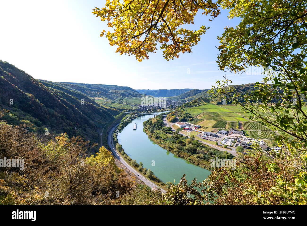 View from the BREVA-Weinsteig over the Moselle at Bruttig-Fankel on a sunny autumn day. Cochem-Zell, Rhineland-Palatinate, Germany Stock Photo