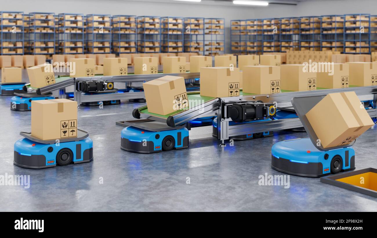 Robots efficiently sorting hundreds of parcels per hour(Automated guided vehicle) AGV.3d rendering Stock Photo