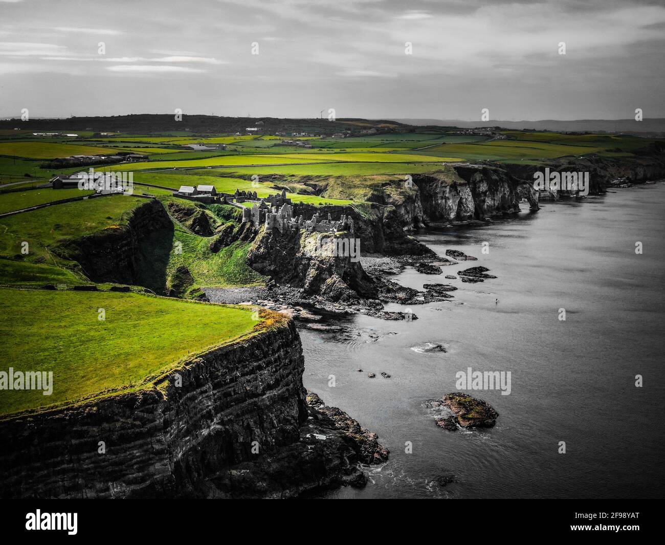 Dunluce Castle in Northern Ireland - a famous movie location - aerial photography Stock Photo