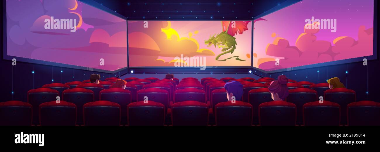 Movie Theater Hall With People Watching Film On Three Sided Panoramic Screen Vector Cartoon Interior Of Cinema Auditorium Rows Of Red Seats And 3d V Stock Vector Image Art Alamy