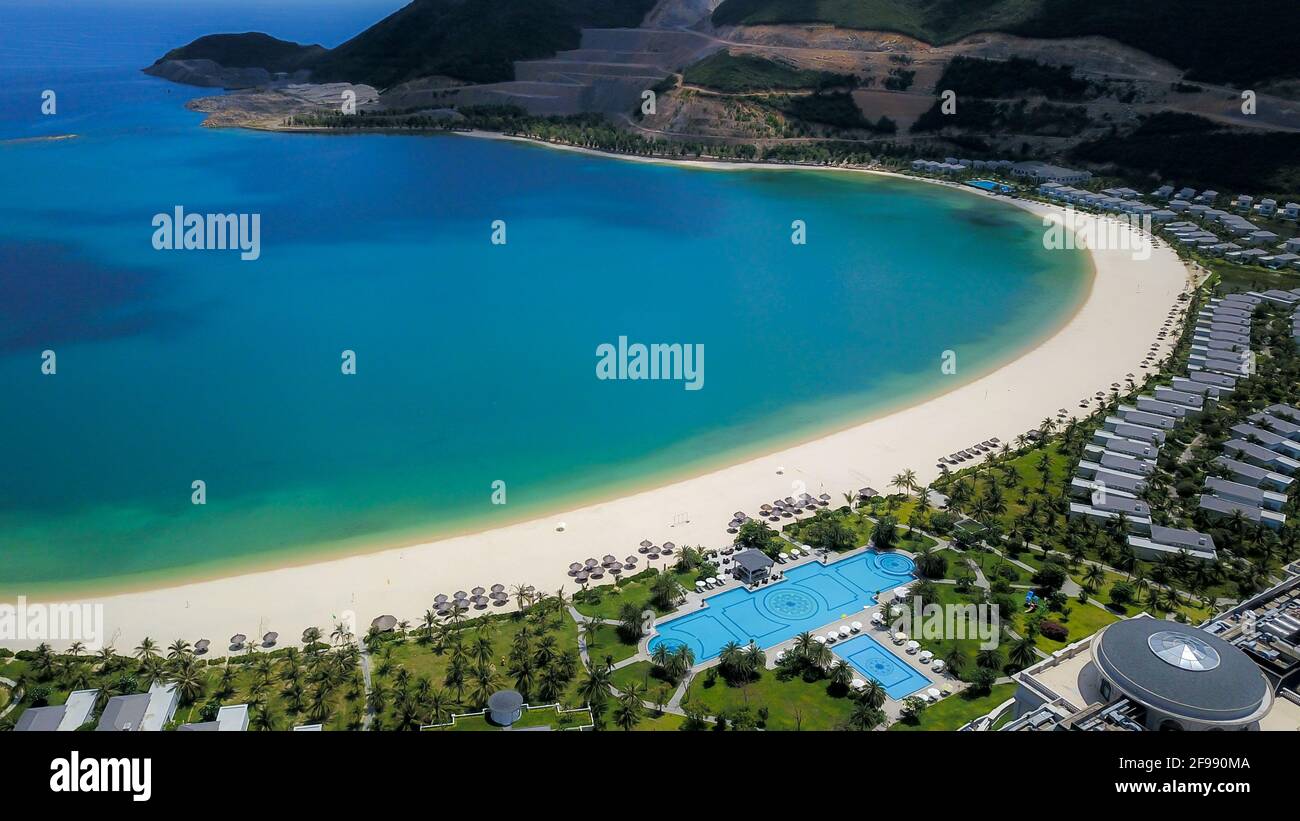 Drone view of beautiful resort in Hon Tre island, Nha Trang, Vietnam Stock Photo
