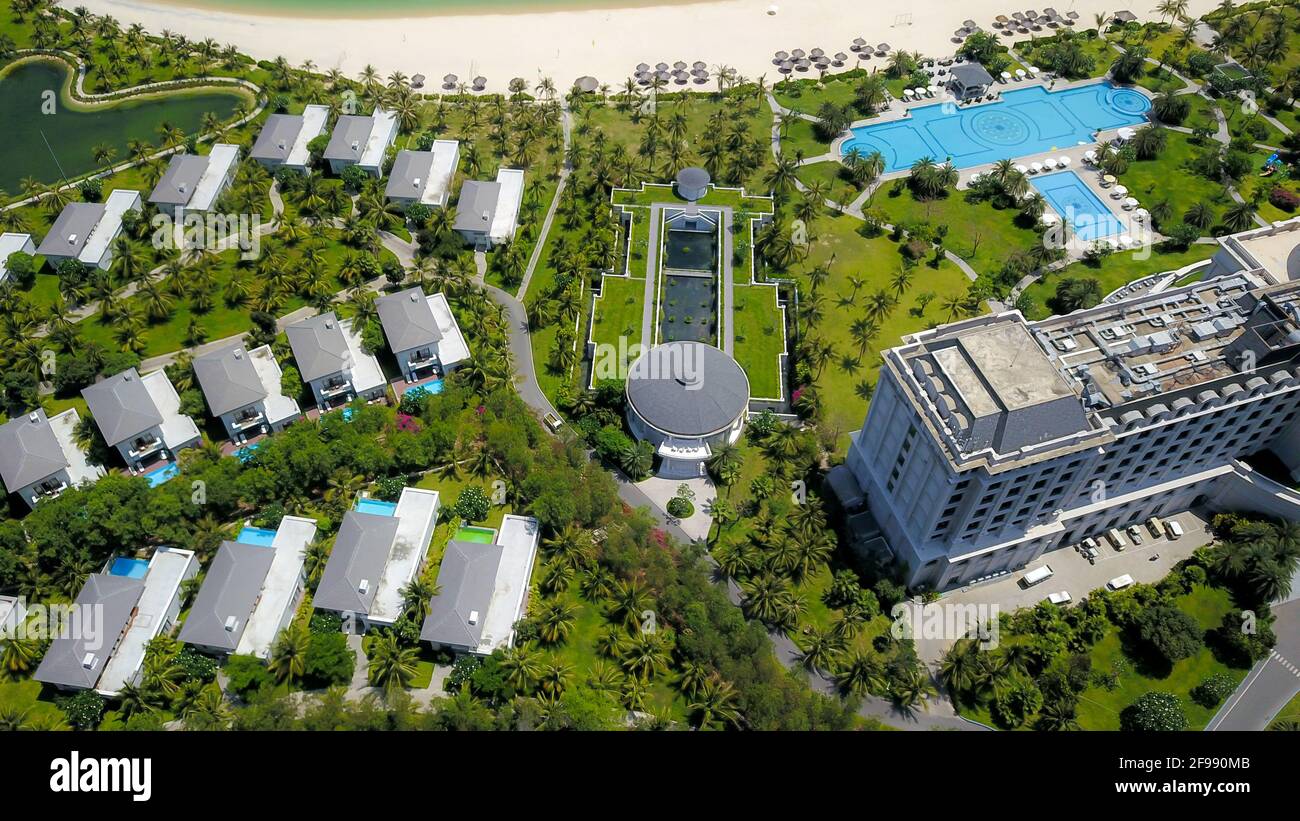 Drone view of beautiful resort in Hon Tre island, Nha Trang, Vietnam Stock Photo