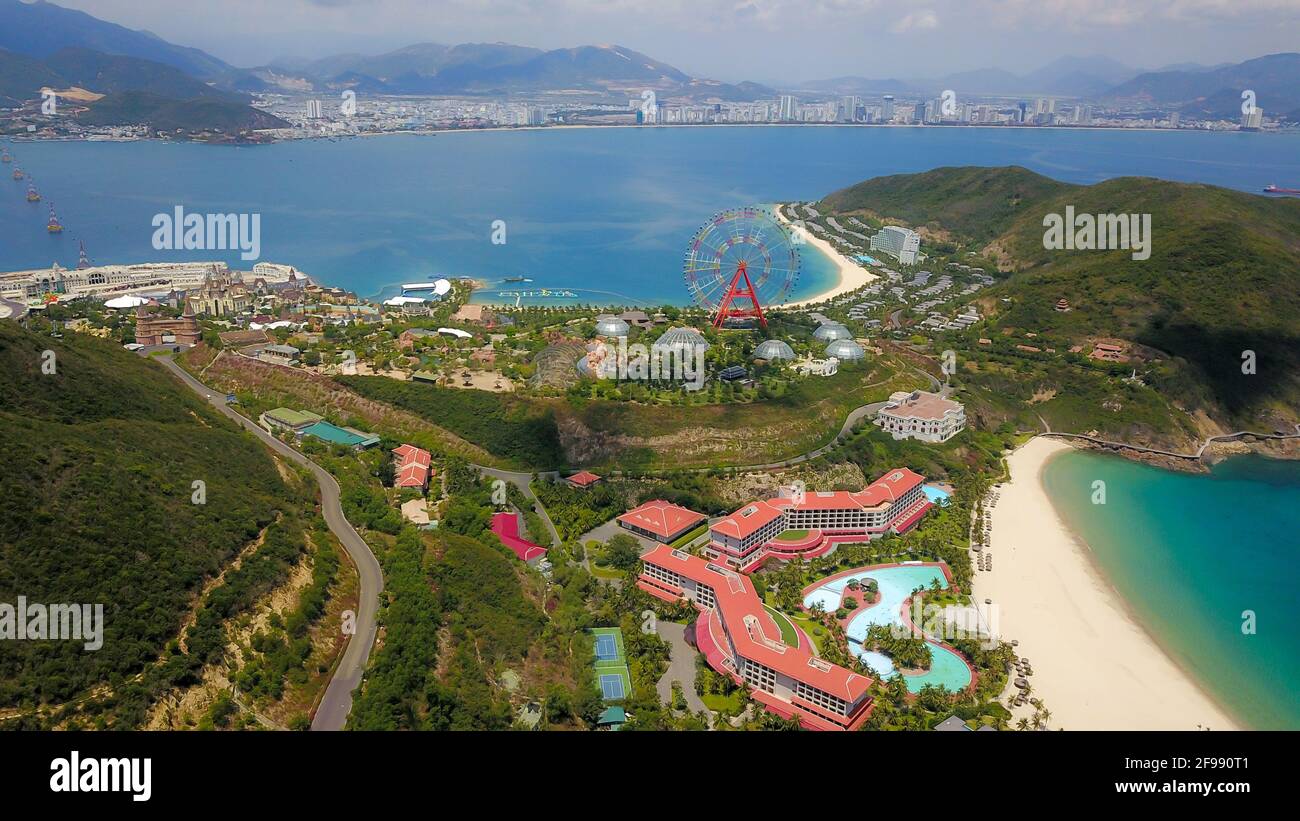 Drone view of beautiful resort in Hon Tre island, Nha Trang, Vietnam Stock Photo