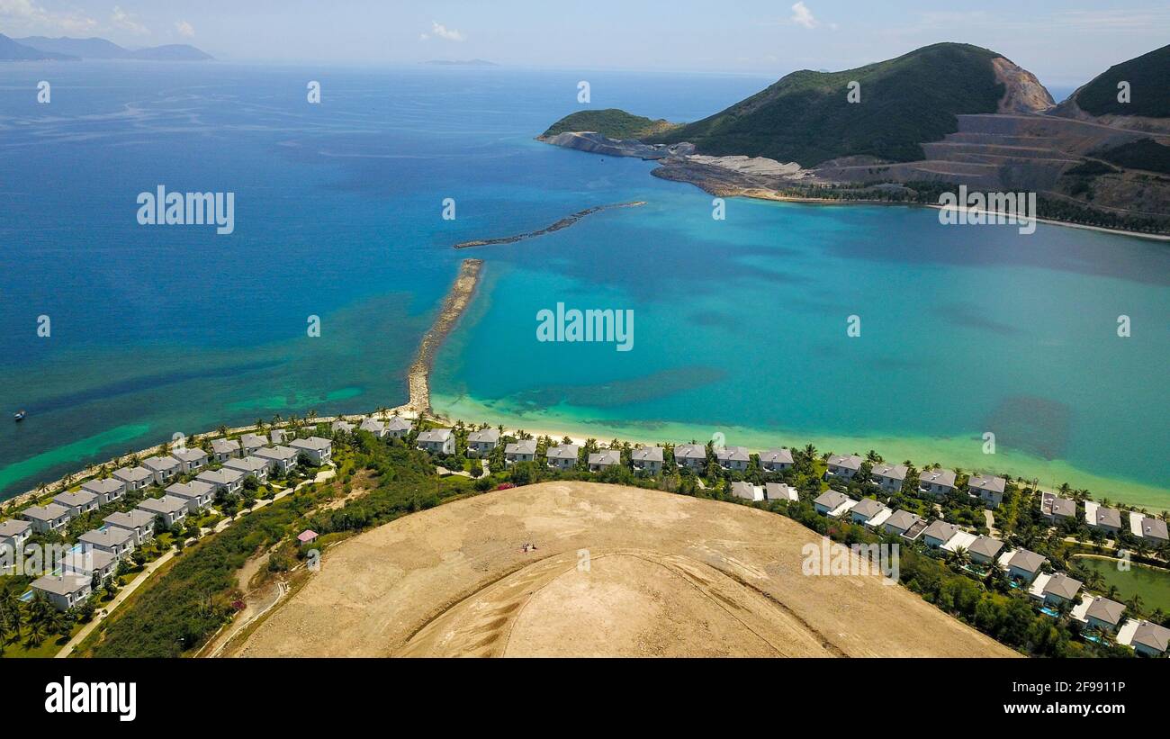 Drone view of beautiful resort in Hon Tre island, Nha Trang, Vietnam Stock Photo