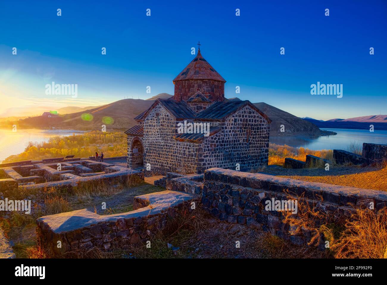 Today the two black temples of Sevan stand deserted like two guards of this ancient lake. The view from there is simply magnificent: the mountains sur Stock Photo