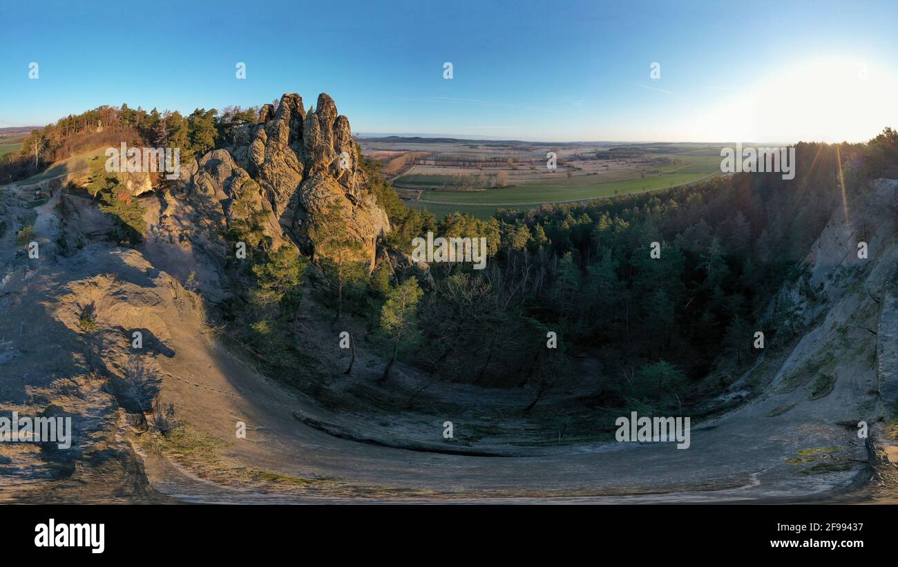 Germany, Saxony-Anhalt, Timmenrode, Hamburg coat of arms, part of the devil's wall in the Harz Mountains, panoramic view, aerial view. Stock Photo