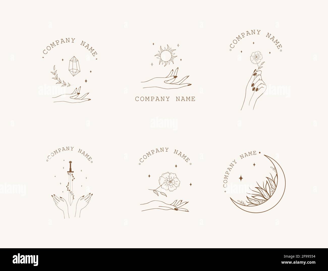 Set of boho logo. Occult collection with hands, moon, sun, crystal, sword and flowers. Modern vector illustration in linear style. Use for icons Stock Vector