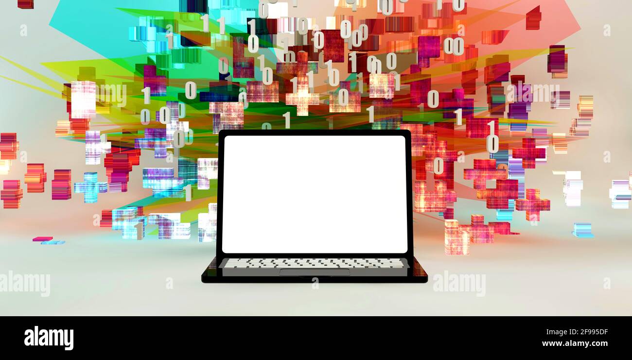 Glowing Laptop Empty Screen on Fun Background Stock Photo - Alamy