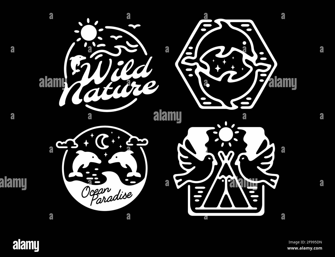 White in black background of animal line art badge set collection design Stock Vector