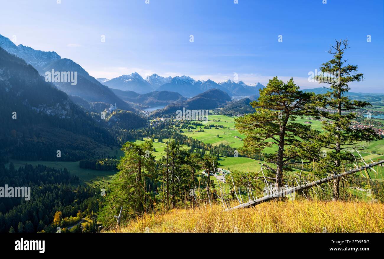 View of Hohenschwangau with the royal castles on a sunny autumn day. In the background the snow-capped Ammergau and Allgäu Alps. Bavaria, Germany, Europe Stock Photo