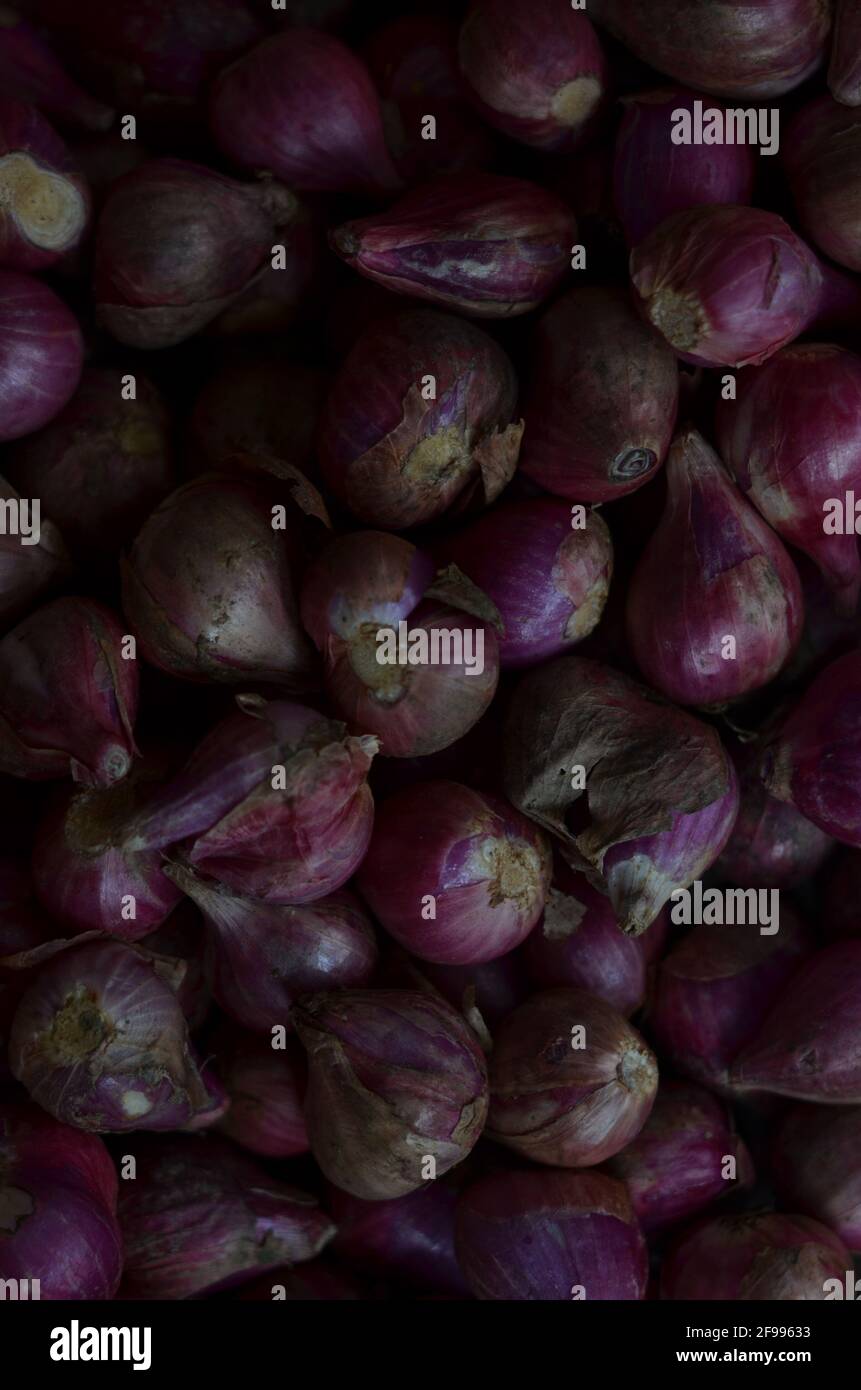 A pile of harvested shallots in Rawamangun market. Stock Photo