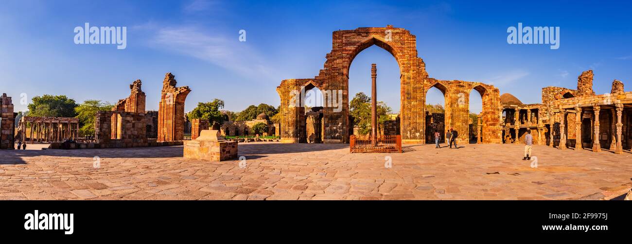 Iron pillar also known as Ashoka Pillar is 7.2m high was constructed by King Chandra. It is famous for rust-resistant composition of the metals used i Stock Photo