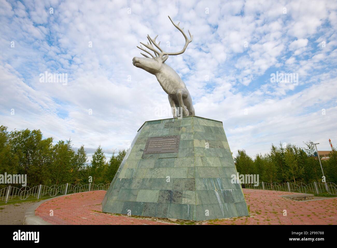 SALEHARD, RUSSIA - AUGUST 29, 2018: Monument to a reindeer in a city park Stock Photo