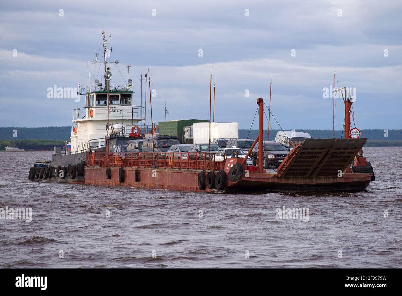 SALEKHARD, RUSSIA - AUGUST 29, 2018: Car ferry on the Ob river closeup Stock Photo