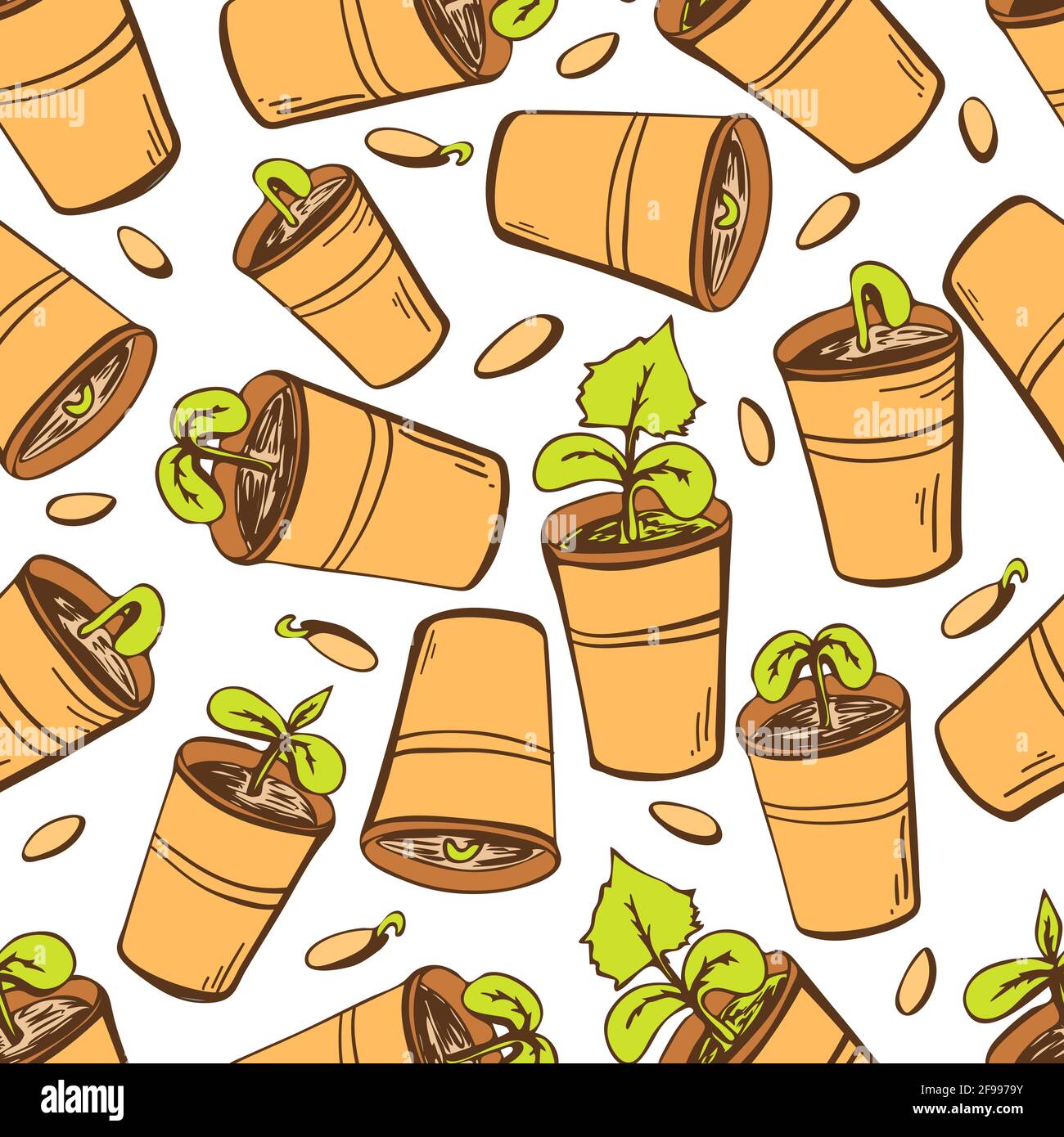 Seamless pattern with seedling pots on a white isolated doodle-style background. Vector illustration Stock Vector