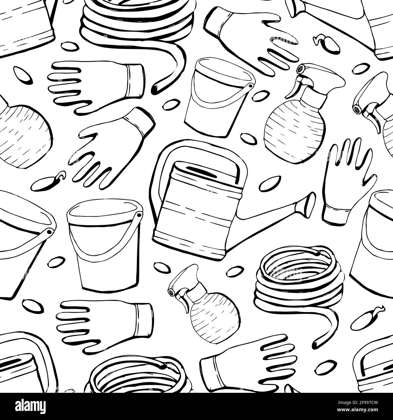 Seamless pattern with garden tools on a white isolated background in doodle style. Vector illustration Stock Vector