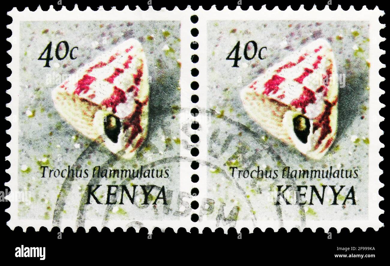 MOSCOW, RUSSIA - NOVEMBER 4, 2019: Two postage stamps printed in Kenya shows Flame Top Shell (Trochus flammulatus), Molluscs of the sea serie, 40 Keny Stock Photo
