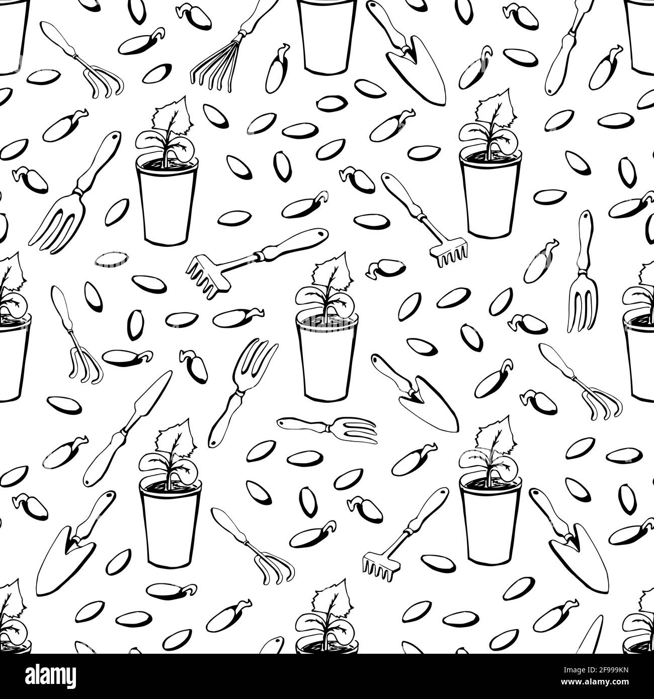 Seamless pattern with garden tools on a white isolated background in doodle style. Vector illustration Stock Vector