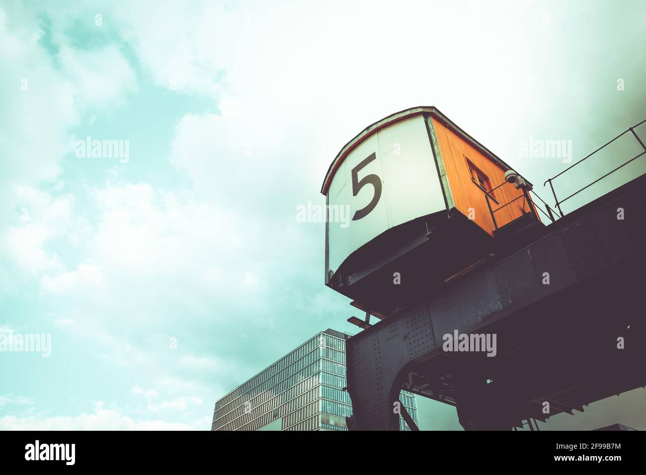 No. 5, crane and attachment with number at the Rheinauhafen in Cologne, Germany, Europe Stock Photo