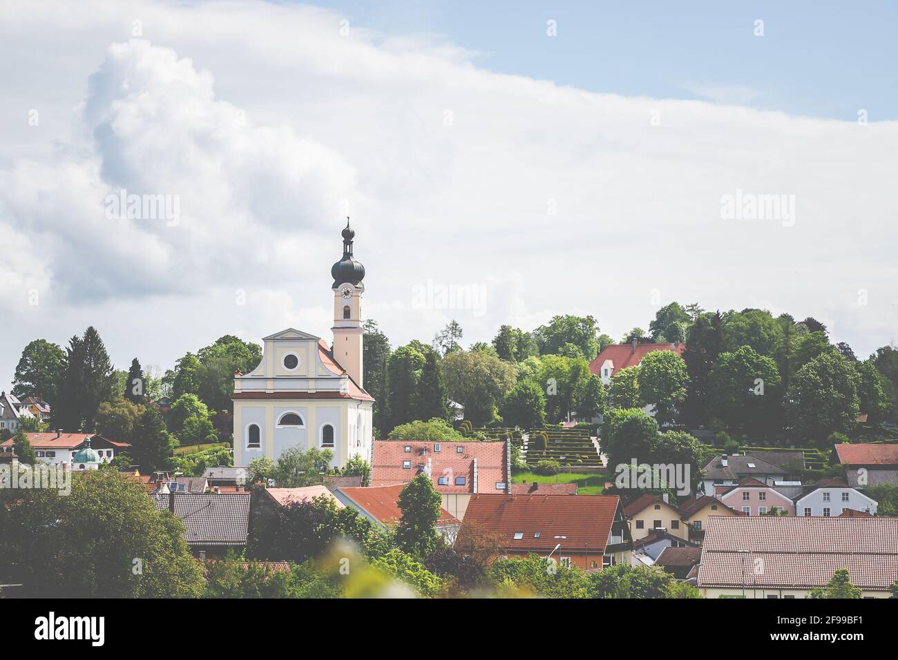 Markt Murnau - View of the town with the Church of St. Nicholas in the Blue Land Stock Photo