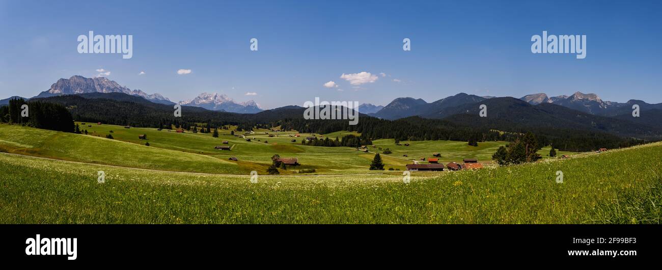 Meadows (humpback meadows) and Karwendel, mountains of the Alps in Mittenwald, Bavaria, Germany, Europe Stock Photo