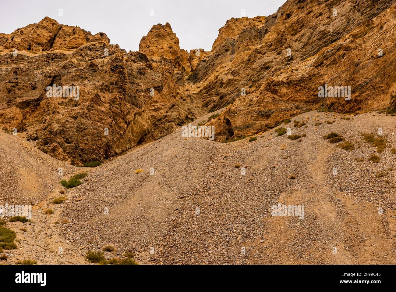Wind eroded landscape in arid cold desert of Lahaul Spiti in Trans Himalayas. Wind erodes Earth's surface by deflation i.e removal of loose,fine grain Stock Photo