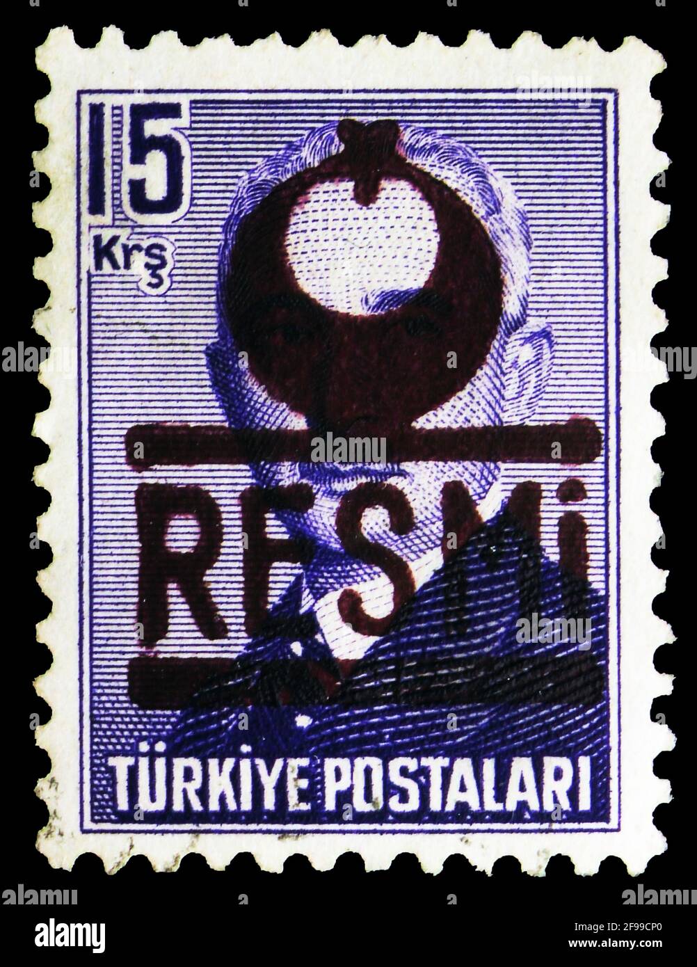 MOSCOW, RUSSIA - NOVEMBER 4, 2019: Postage stamp printed in Turkey shows Ismet Inonu (1884-1973), Overprinted in Dark Brown, Official Stamps, Ismet In Stock Photo