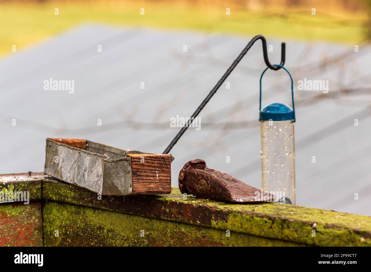 A rustic homemade bird feeder perches next to a well used splitting