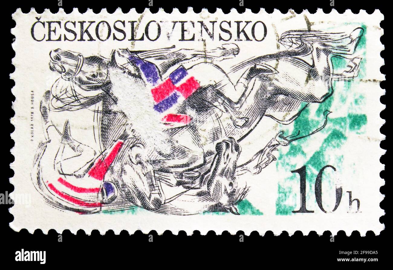 MOSCOW, RUSSIA - NOVEMBER 4, 2019: Postage stamp printed in Czechoslovakia shows Pardubice Steeplechase, Racing serie, circa 1978 Stock Photo