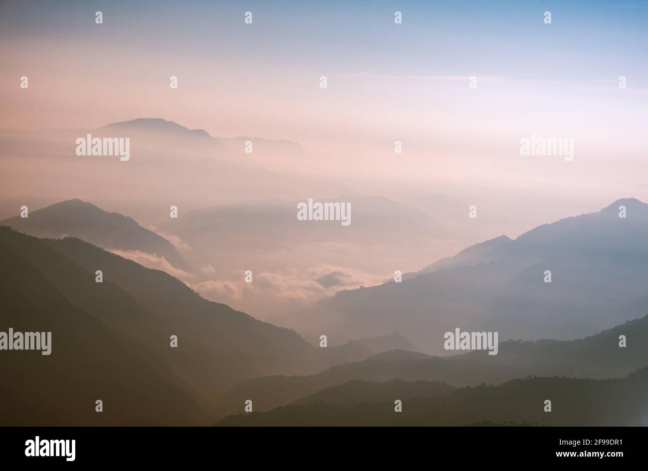 View of Himalays during sunrise at Binsar, a hill station in Almora district, Uttarakhand, India. Stock Photo