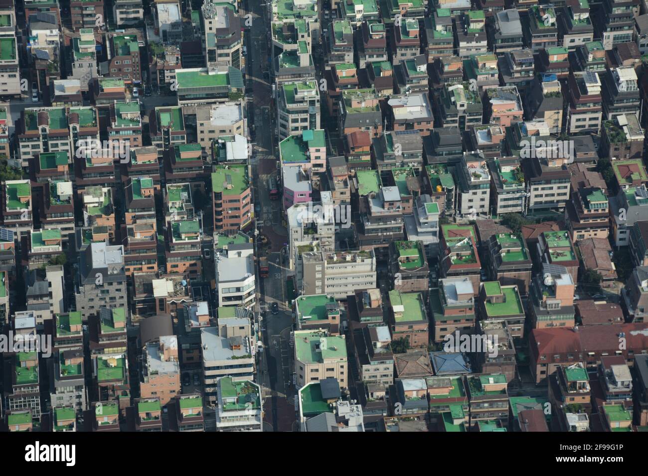 A spectacular aerial view perspective of Seoul from the top of the 123-storey, 555m tall Lotte World Tower skyscraper, South Korea. Stock Photo