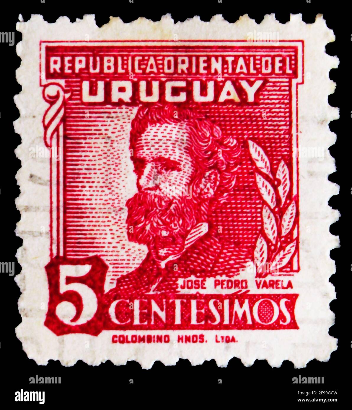 MOSCOW, RUSSIA - NOVEMBER 4, 2019: Postage stamp printed in Uruguay shows Jose Pedro Varela, Personalities serie, circa 1945 Stock Photo