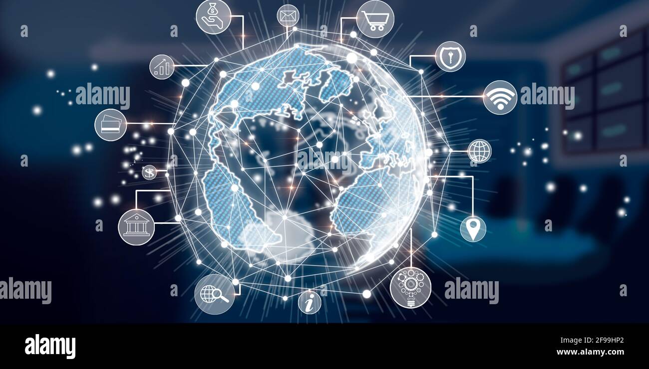 Earth connected by a server connection system. Global concept of connection and communications Stock Photo