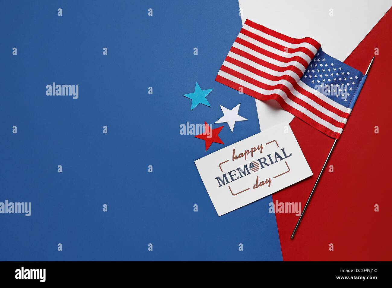 Greeting card for Memorial Day celebration with USA flag on color ...