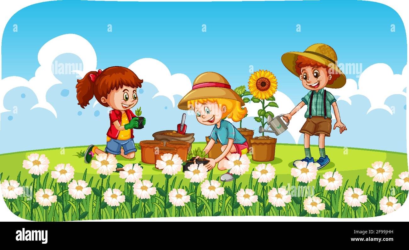 Children planting flowers in the garden illustration Stock Vector Image &  Art - Alamy