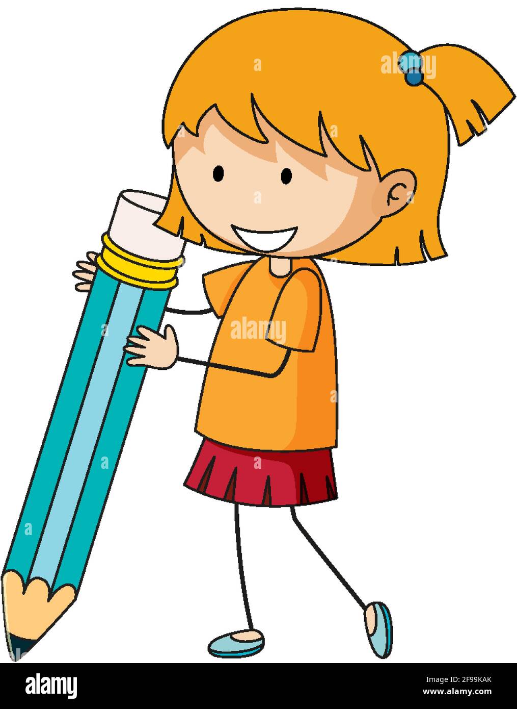 Cute girl holding pencil doodle cartoon character illustration Stock ...