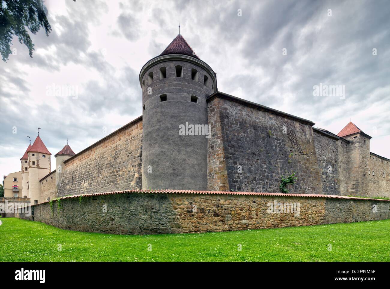 Nabburger Tor, twin towers, city gate, city wall, city fortifications, Amberg, Upper Palatinate, Bavaria, Germany, Europe Stock Photo