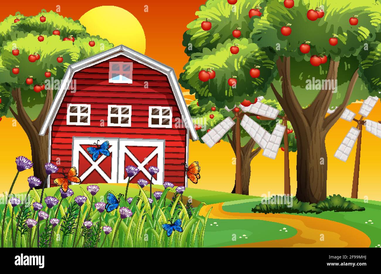 Farm scene with red barn and windmill illustration Stock Vector Image ...