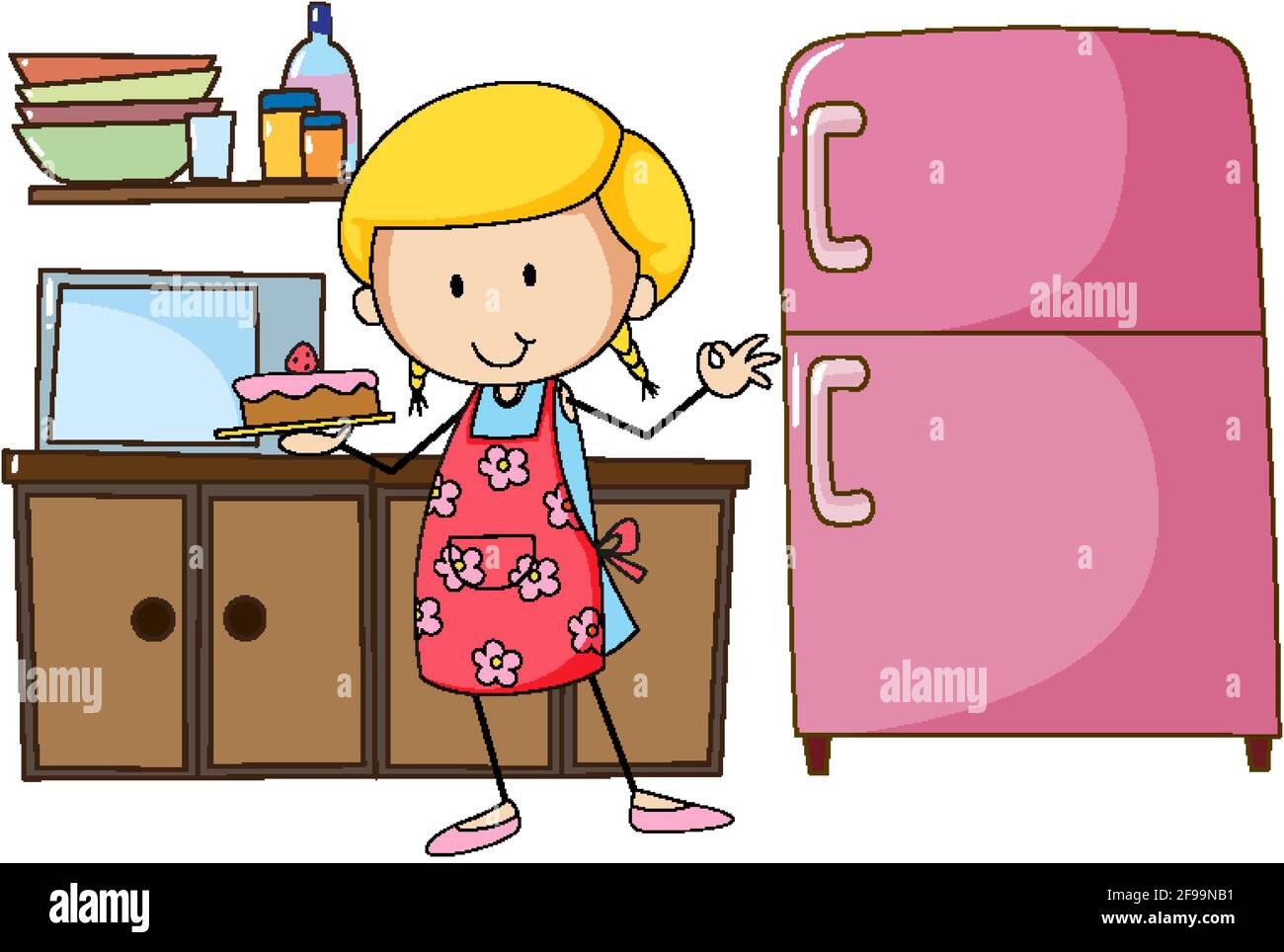 Cute baker girl with kitchen equipments on white background ...